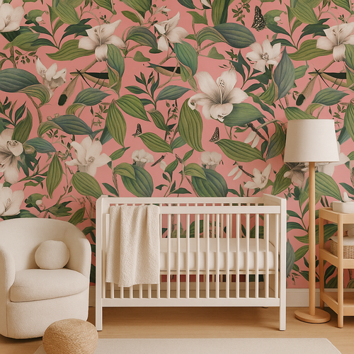 Nursery room with floral wallpaper, white crib, and beige armchair.