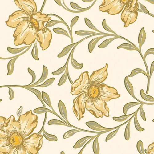 Pattern of yellow flowers and green leaves on a beige background