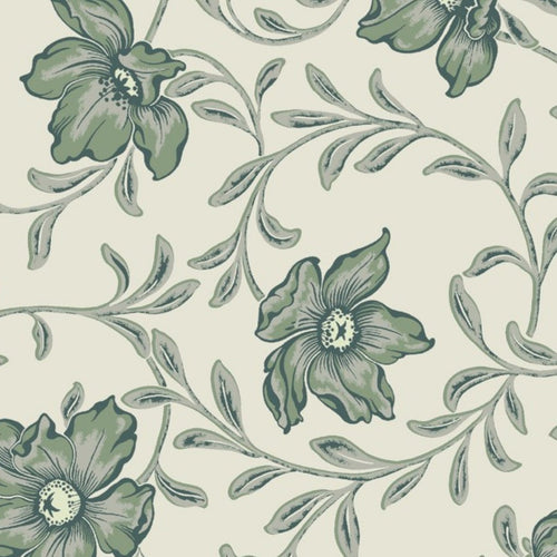 Green floral pattern wallpaper on a beige background