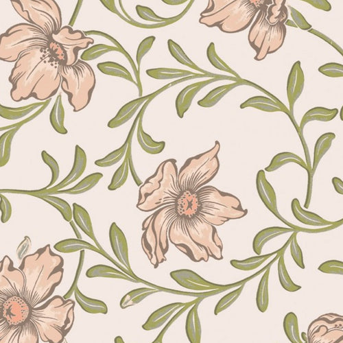 Floral pattern wallpaper with pink flowers and green leaves on a beige background