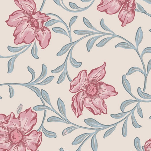 Floral pattern with pink flowers and blue leaves on a beige background