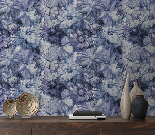 Posy wallpaper in shades of blue.  Custom colors, scale and variety of backgrounds to print