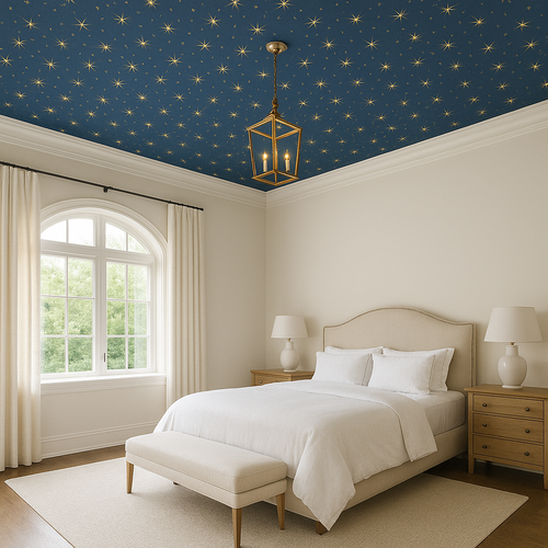 blue bedroom with wallpaper on ceiling wallpaper wallcovering is a starred print star print