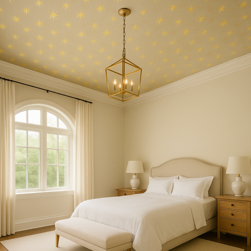 Neatly made bed in a bedroom with decorative ceiling pattern and lighting fixture.