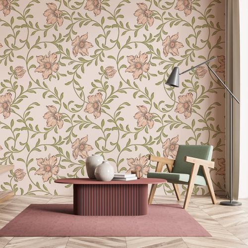 Room interior with floral wallpaper, table, and chair.